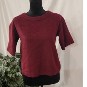 Ann Taylor Burgundy Wool Blend Short Sleeve Back Zip Sweater Top XS